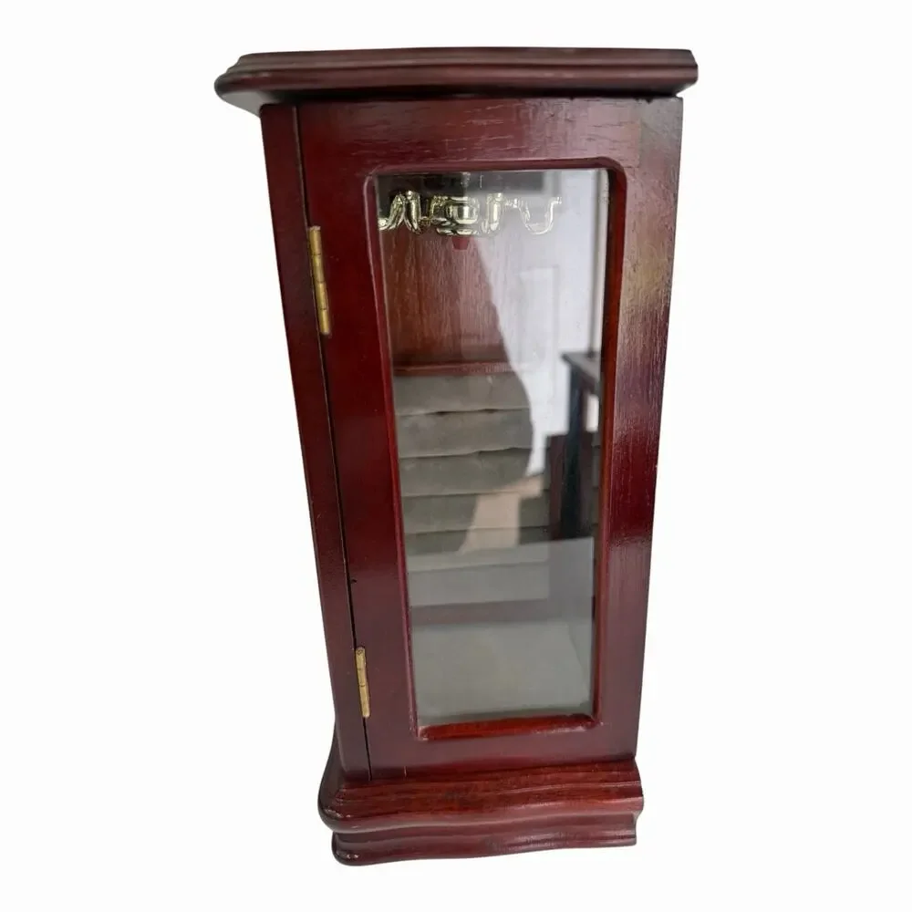 Vintage Wooden Jewelry Armoire Box Mahogany Glass Door w/ 4 drawers Grannycore
